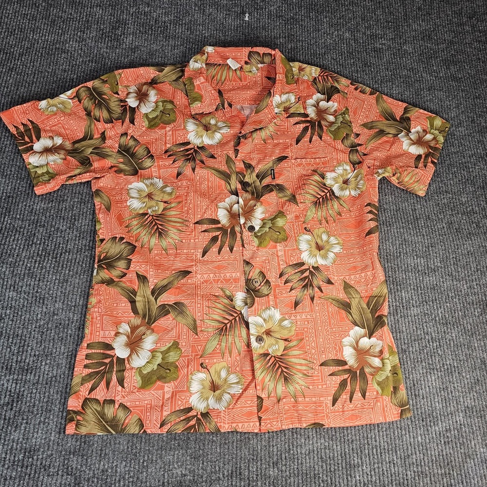 Palmwave Hawaii Shirt Mens XL Orange Hawaiian Floral Button Front Cotton